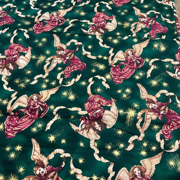 Christmas Winged Angels w/ Instruments Green Gold Fabric Original R.E.D. 3 Yd - Picture 2 of 5